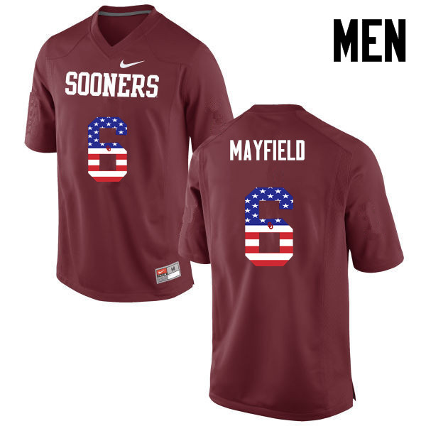Men Oklahoma Sooners #6 Baker Mayfield College Football USA Flag Fashion Jerseys-Crimson - Click Image to Close